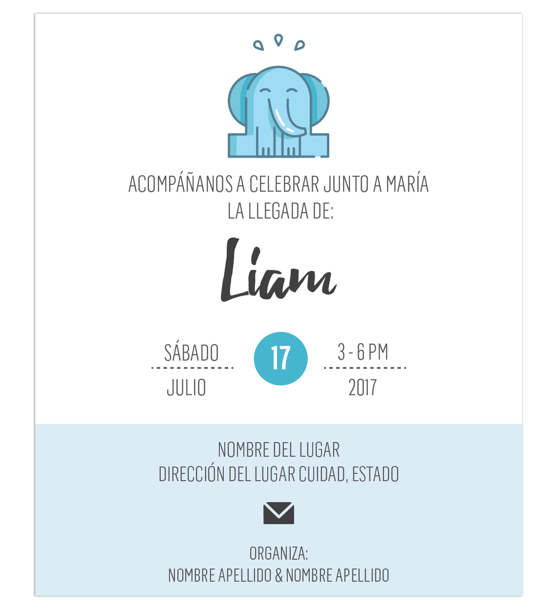 Invitación Baby Shower Elefante Azul
