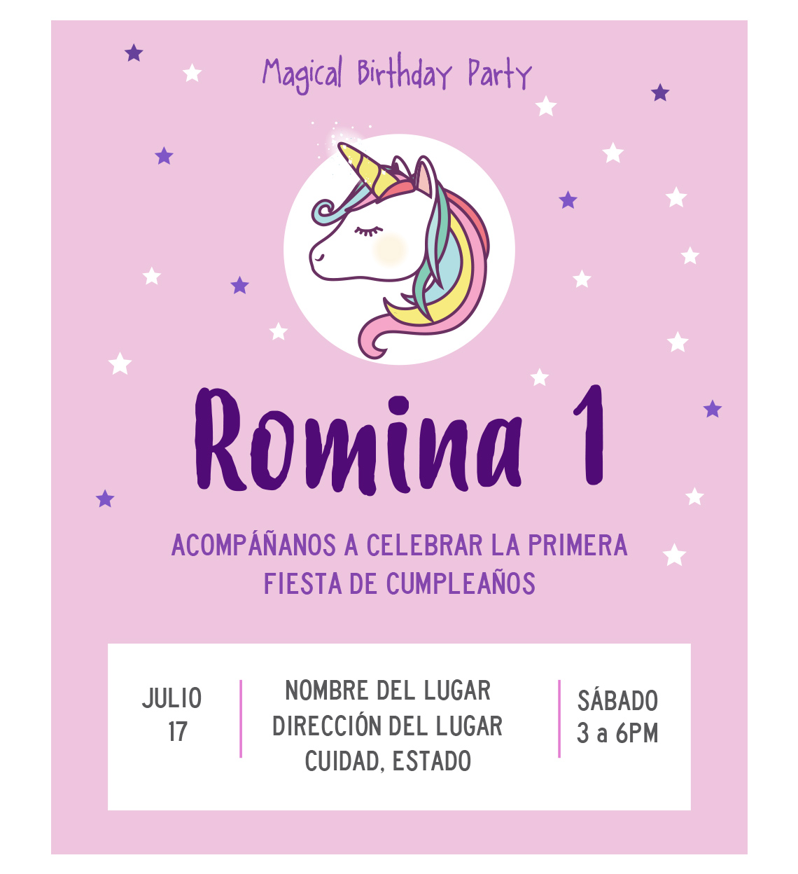 Invitación unicornio estrellas